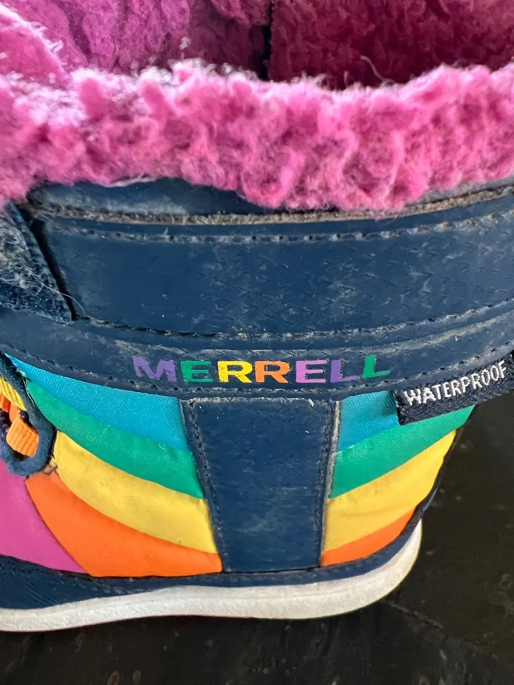 Merrell Rainbow Kids Waterproof Boots with Pink Faux Fur Sz 8